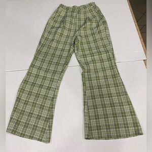 SHEIN Elastic Waist Plaid Flare Leg Green Pants Size XS